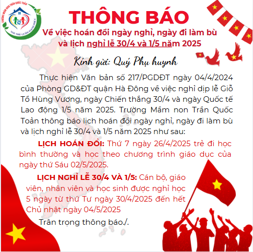 TB nghỉ lễ 30 4 và 1 5